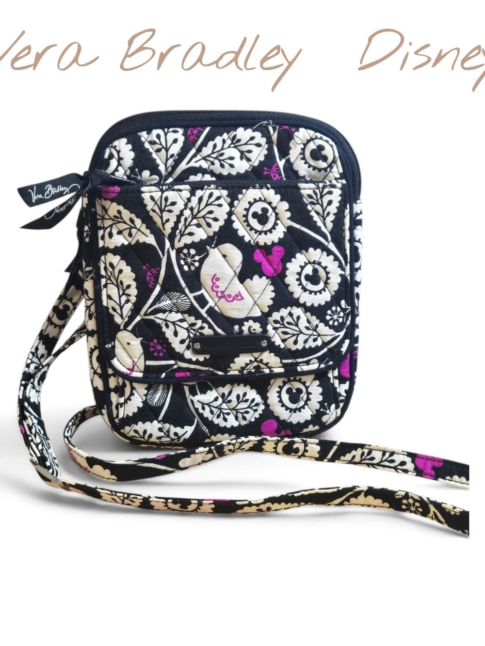 Vera Bradley Disney Black Floral Crossbody with Cream & Pink Accents